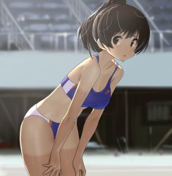Rule 34 | 1girl, black eyes, black hair, blurry, breasts, buruma, commentary request, cowboy shot, day, depth of field, female focus, furuyama itaru, gym shirt, gym shorts, hands on own thighs, leaning forward, long hair, looking at viewer, matching hair/eyes, medium breasts, original, outdoors, parted lips, ponytail, shirt, shorts, solo, sports bikini, standing, sweat, tan, tanline, thighs, track and field, track uniform