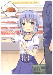 Rule 34 | 10s, 1boy, 1girl, :d, amaa (chou dennou jidai), brown eyes, convenience store, food, hair flaps, hair intakes, hair ornament, hairclip, hand in pocket, holding paper, idolmaster, idolmaster cinderella girls, koshimizu sachiko, meat, open mouth, outstretched arm, paper, purple hair, shop, shopping basket, short hair, skirt, smile, solo focus, spoken object