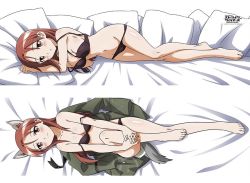 Rule 34 | 1girl, animal ears, bare legs, barefoot, bed sheet, black bra, black panties, bra, breasts, brown hair, cleavage, dakimakura (medium), full body, large breasts, looking at viewer, minna-dietlinde wilcke, official art, open clothes, panties, red eyes, red hair, smile, strike witches, underwear, world witches series