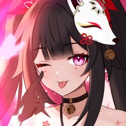 Rule 34 | 1girl, ;p, absurdres, bare shoulders, bell, black choker, black gloves, black hair, blunt bangs, chest tattoo, choker, commentary request, facial mark, fox mask, gloves, halterneck, highres, honkai: star rail, honkai (series), long hair, looking at viewer, mask, mask on head, neck bell, one eye closed, pink eyes, portrait, shixinjintianmoyulema, sidelocks, solo, sparkle (honkai: star rail), tattoo, tongue, tongue out, twintails