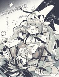 Rule 34 | 1 ssmk, 1boy, 1girl, blush, closed eyes, dizzy (guilty gear), english text, father and daughter, flag, greyscale, guilty gear, guilty gear strive, guilty gear xrd, hair rings, headband, highres, long hair, monochrome, open mouth, ponytail, ribbon, sol badguy, tail, tail ornament, tail ribbon, twintails, white flag