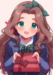 Rule 34 | 1girl, blazer, blush, bow, bowtie, box, brown hair, diagonal-striped bow, diagonal-striped bowtie, diagonal-striped clothes, forehead, gift, gift box, green hairband, hairband, heart, highres, holding, holding gift, idolmaster, idolmaster cinderella girls, incoming gift, jacket, kahiika, kusakabe wakaba, long hair, looking at viewer, parted bangs, school uniform, simple background, smile, solo, striped clothes, thick eyebrows, upper body, very long hair