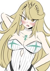 Rule 34 | 1girl, arm up, bare shoulders, blonde hair, blush, breasts, cleavage, covered navel, elbow gloves, gloves, iruka, long hair, mythra (radiant beach) (xenoblade), mythra (xenoblade), nintendo, one-piece swimsuit, shy, sketch, solo, swimsuit, tsundere, very long hair, white one-piece swimsuit, xenoblade chronicles (series), xenoblade chronicles 2, yellow eyes