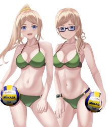 Rule 34 | 2girls, ball, beach volleyball, bikini, blonde hair, blue eyes, breasts, cleavage, cowboy shot, dated, glasses, green bikini, hair over shoulder, harukana receive, high ponytail, holding, holding ball, large breasts, long hair, low ponytail, matching outfits, mikasa sports, multiple girls, nicoli3141, o-ring, o-ring bikini, siblings, simple background, sisters, sky, swimsuit, thomas claire, thomas emily, twins, twitter username, volleyball, volleyball (object), white background
