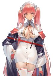 Rule 34 | 1girl, absurdres, azur lane, black coat, blunt bangs, breasts, center opening, cleavage, closed mouth, coat, commentary, cowboy shot, dress, eyelashes, gloves, hand on own hip, hat, highres, lanyard, large breasts, long hair, looking at viewer, name tag, nurse, nurse cap, off shoulder, open clothes, open coat, pen, perseus (azur lane), perseus (unfamiliar duties) (azur lane), pink eyes, pink hair, red gloves, short dress, simple background, solo, straight hair, syringe, thighhighs, thighs, twintails, white background, white dress, white thighhighs, wing collar, yamanokami eaka, zettai ryouiki