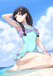 Rule 34 | 1girl, arm up, armpits, bare legs, barefoot, beach, between legs, black hair, blue sky, blue one-piece swimsuit, blush, braid, breasts, brown eyes, clothing cutout, cloud, cloudy sky, crescent print, day, frilled swimsuit, frills, hair ornament, hand between legs, heart, heart cutout, heart hair ornament, highres, idolmaster, idolmaster shiny colors, long hair, mayuzumi fuyuko, medium breasts, michitaro smile, ocean, one-piece swimsuit, outdoors, ribbon, seiza, side braids, sitting, sky, solo, swimsuit, thighs, twin braids, wrist ribbon