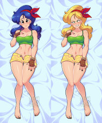 Rule 34 | 2girls, absurdres, bare legs, blonde hair, blue hair, blush, breasts, clenched teeth, crop top, dakimakura (medium), dragon ball, dragon ball (classic), dual persona, female pubic hair, fingerless gloves, gloves, green tank top, hairband, highres, knees together feet apart, looking at viewer, lunch (bad) (dragon ball), lunch (dragon ball), lunch (good) (dragon ball), lying, medium breasts, multiple girls, on back, open fly, pubic hair, pubic hair peek, red hairband, scowl, short shorts, shorts, smile, tank top, teeth, toes, yellow shorts, zeshgolden