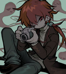 Rule 34 | 1boy, absurdres, ahoge, brown coat, brown eyes, brown hair, camera, closed mouth, coat, commentary, commission, cropped legs, earrings, english commentary, ghost, green background, green pants, grey pants, hair between eyes, hair ornament, highres, hitodama, holding, holding camera, jewelry, long hair, long sleeves, looking at viewer, one eye closed, original, pale skin, pants, ponytail, shoes, simple background, sitting, solo, sweater, tonkatsu184