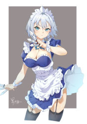 Rule 34 | 1girl, absurdres, apron, black thighhighs, blue dress, blue eyes, blush, braid, breasts, cleavage, commentary, cowboy shot, dress, frilled apron, frills, garter straps, heiyu, highres, holding, holding knife, holding weapon, izayoi sakuya, knife, large breasts, maid, maid apron, maid headdress, petticoat, puffy short sleeves, puffy sleeves, short dress, short hair, short sleeves, silver hair, skindentation, solo, standing, thighhighs, touhou, weapon, white apron, wrist cuffs, zipper