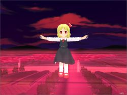 Rule 34 | 1girl, 3d, black dress, blonde hair, cloud, dress, female focus, fence, gate, kneehighs, outstretched arms, red eyes, ribbon, rumia, scenery, screencap, shoes, short hair, smile, socks, solo, touhou, tree