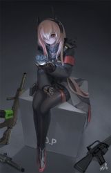 Rule 34 | 1girl, assault rifle, black jacket, black pantyhose, black skirt, closed mouth, cube, full body, girls&#039; frontline, gun, hair over one eye, hairband, holding, hologram, jacket, lion (dielion), long hair, long sleeves, m16, m16a1, m4 sopmod ii (girls&#039; frontline), mechanical hands, multicolored hair, pantyhose, pink hair, pleated skirt, red eyes, red hair, rifle, shoes, sitting, skirt, streaked hair, weapon, weapon request, zipper
