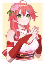 Rule 34 | 1girl, ahoge, animated, animated gif, armband, artist name, belt, blinking, breasts, bridal gauntlets, bsapricot, cleavage, cleavage cutout, clothing cutout, fingers together, flower, green eyes, green tassel, hair flower, hair ornament, hairclip, hololive, long hair, looking at viewer, nail polish, obi, one side up, pink flower, pink nails, red hair, sakura miko, sakura miko (old design), sash, shirt, side ponytail, simple background, sleeveless, sleeveless shirt, smile, solo, steepled fingers, tassel, upper body, virtual youtuber, yellow background