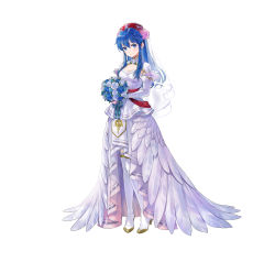 Rule 34 | 1girl, absurdres, blue eyes, blue flower, blue hair, boots, bouquet, breasts, bridal veil, cleavage, closed mouth, commentary request, dress, feather trim, female focus, fire emblem, fire emblem: the binding blade, fire emblem heroes, flower, full body, gold trim, high heel boots, high heels, highres, holding, holding bouquet, kaya8, lilina (fire emblem), long hair, looking at viewer, matching hair/eyes, medium breasts, nintendo, official alternate costume, official art, simple background, smile, solo, standing, thigh boots, thighhighs, veil, wedding dress, white background, white dress, white flower, white footwear