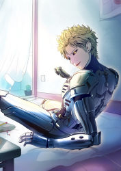Rule 34 | 1boy, black sclera, blonde hair, colored sclera, cyborg, genos, looking at viewer, looking back, male focus, nude, one-punch man, short hair, sitting, solo, xiao kongge huahuahua, yellow eyes