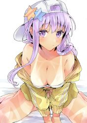 Rule 34 | 1girl, absurdres, bare shoulders, bb (fate), bb (fate) (all), bb (swimsuit mooncancer) (fate), bb (swimsuit mooncancer) (first ascension) (fate), bed sheet, between legs, bikini, blush, braid, breasts, cleavage, closed mouth, collarbone, fate/grand order, fate (series), flat cap, hair between eyes, hand between legs, hat, highres, jacket, large breasts, long hair, long sleeves, navel, off shoulder, purple eyes, purple hair, sideways hat, sitting, solo, star (symbol), swimsuit, tan, tanline, tomozero, very long hair, wariza, white background, white bikini, white hat, yellow jacket