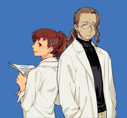 Rule 34 | 1boy, 1girl, brown hair, closed mouth, commentary request, glasses, hair ornament, hairclip, highres, holding, holding paper, ikutsuki shuuji, ine (goin), looking at viewer, paper, persona, persona 3, persona 3 portable, red eyes, shiomi kotone, short hair, simple background, smile