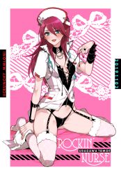 Rule 34 | 1girl, arm warmers, bang dream!, black choker, black panties, blue eyes, blush, character name, choker, cleft of venus, cross-laced clothes, dated, earrings, fang, garter straps, hair between eyes, hand on own leg, hat, jewelry, long hair, looking at viewer, mamaloni, nail polish, necklace, no shoes, nurse, nurse cap, open mouth, panties, pink background, red hair, red nails, ring, safety pin, shirt, short sleeves, sitting, skirt, skirt around one leg, solo, stethoscope, sweatdrop, thighhighs, twitter username, udagawa tomoe, underwear, untying, wariza, white shirt, white thighhighs