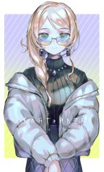 Rule 34 | 1girl, 8zk, black sweater, blonde hair, border, braid, braided ponytail, breasts, closed mouth, down jacket, earrings, green eyes, hair over shoulder, high-waist skirt, highres, jacket, jewelry, long hair, looking at viewer, medium breasts, mole, mole under eye, necklace, open clothes, open jacket, original, parted bangs, purple background, purple skirt, ribbed sweater, skirt, smile, solo, striped, striped background, sunglasses, sweater, turtleneck, turtleneck sweater, two-tone background, upper body, white border, white jacket, winter, yellow background