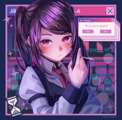 Rule 34 | 1girl, black vest, blush, cigarette, frown, hakai no ika, highres, holding, holding cigarette, hourglass, jill stingray, long hair, looking at viewer, necktie, purple hair, red eyes, red necktie, shirt, two side up, va-11 hall-a, vest, white shirt, window (computing)