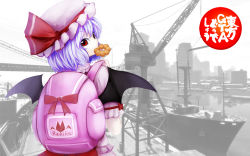 Rule 34 | 1girl, backpack, bad id, bad pixiv id, bag, bat wings, blue hair, building, character name, doughnut, female focus, food, food in mouth, grand theft auto, hat, hat ribbon, looking back, nishi masakazu, parody, puffy sleeves, red eyes, remilia scarlet, ribbon, ship, short hair, short sleeves, solo, touhou, watercraft, wings