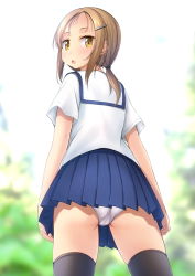 Rule 34 | 1girl, :o, ass, backlighting, black thighhighs, blue sailor collar, blue sky, blurry, blurry background, blush, brown eyes, brown hair, commentary request, day, depth of field, forehead, from behind, from below, hair ornament, hairclip, highres, long hair, low twintails, original, outdoors, panties, parted bangs, parted lips, pleated skirt, sailor collar, school uniform, serafuku, shibacha, shirt, short sleeves, skindentation, skirt, sky, solo, thighhighs, thighs, twintails, underwear, white panties, white shirt