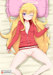 Rule 34 | 10s, 1girl, artist name, blonde hair, blue eyes, bottomless, breasts, censored, cleft of venus, closed mouth, eyebrows, female focus, gabriel dropout, gabriel tenma white, groin, hair between eyes, halo, heart, heart censor, highres, jacket, long hair, looking at viewer, lying, naked jacket, on back, one eye closed, patreon logo, patreon username, pillow, pointless censoring, pussy, small breasts, solo, track jacket, vahn yourdoom, watermark, web address