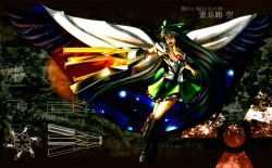 Rule 34 | 1girl, alternate weapon, arm cannon, black hair, black wings, bow, cape, female focus, hair bow, long hair, open mouth, radiation symbol, red eyes, reiuji utsuho, skirt, solo, tect, third eye, touhou, weapon, wings