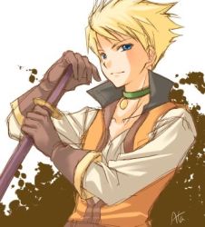 Rule 34 | 00s, blonde hair, blue eyes, choker, gloves, guy cecil, lowres, male focus, solo, sword, tales of (series), tales of the abyss, weapon