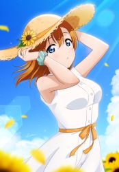 Rule 34 | 1girl, bare shoulders, blue eyes, blue sky, breasts, cloud, commentary, dress, flower, hands up, hat, highres, kosaka honoka, looking at viewer, love live!, love live! school idol project, medium breasts, medium hair, orange hair, parted lips, scrunchie, shiratama (siratama ll), sky, sleeveless, sleeveless dress, solo, straw hat, striped clothes, striped scrunchie, sundress, sunflower, upper body, white dress