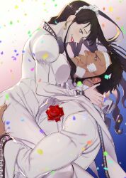 Rule 34 | 1boy, 1girl, absurdres, baby 5, bandaid, bandaid on face, black hair, brown hair, carrying, carrying person, commentary request, confetti, dress, earrings, eyelashes, highres, holding, jewelry, juliet sleeves, long hair, long sleeves, looking at another, maid headdress, muyukikiyoshi11521, one piece, profile, puffy sleeves, red lips, sai (one piece), short hair, sideburns, sidelocks, smile, wedding, wedding dress