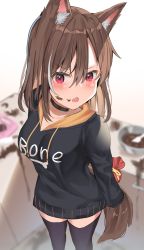 Rule 34 | 1girl, absurdres, animal ear fluff, animal ears, arms behind back, black choker, black hoodie, black thighhighs, blurry, blurry background, blush, breasts, brown hair, chocolate, chocolate on face, choker, clothes writing, collarbone, commentary request, depth of field, drawstring, english text, fang, food, food on face, gift, gift bag, hair between eyes, highres, holding, holding gift, hood, hood down, hoodie, indoors, long hair, looking at viewer, medium breasts, mixing bowl, mizuki ryuu, multicolored hair, open mouth, original, red eyes, solo, standing, streaked hair, tail, thighhighs, v-shaped eyebrows, white hair