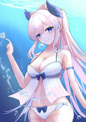 1girl absurdres alternate_costume arm_strap bare_shoulders bikini bow bow-shaped_hair bow_bikini breasts bubble cleavage closed_mouth commentary_request cowboy_shot genshin_impact hair_between_eyes hair_ornament hand_up hi_sui_ao highres hydrokinesis large_breasts long_hair looking_at_viewer navel pink_hair purple_eyes sangonomiya_kokomi side-tie_bikini_bottom smile solo swimsuit underwater water white_bikini