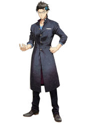 Rule 34 | 1boy, black hair, blue eyes, blue shirt, buttons, coat, collarbone, disorder 6, full body, glasses, hand on own hip, jacket, long image, looking at viewer, male focus, multicolored hair, nagahama megumi, official art, pants, serious, shirt, shoes, short hair, simple background, sleeves rolled up, solo, standing, tall image, uniform, white background, yasu (disorder 6)