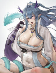 Rule 34 | 1girl, absurdres, alcohol, areola slip, arknights, bandages, between breasts, black gloves, black shorts, blue eyes, blue hair, blush, boingoo, breasts, chinese commentary, cleavage, covered erect nipples, covered navel, cup, dragon, dragon girl, dragon horns, dragon tail, earrings, female focus, floating hair, gloves, hair between eyes, hair ornament, half-closed eyes, head tilt, heavy breathing, highres, holding, holding cup, horns, jacket, jacket partially removed, jewelry, large breasts, ling (arknights), long sleeves, looking at viewer, off shoulder, open mouth, pointy ears, pouring, pouring onto self, shiny skin, short shorts, shorts, sideless outfit, sidelocks, sitting, solo, tail, wet, white background, wide sleeves