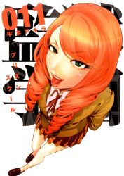 Rule 34 | 10s, 1girl, absurdres, green eyes, highres, lipstick, long hair, makeup, official art, prison school, red hair, simple background, solo, takenomiya kate, tongue, uniform
