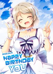 Rule 34 | 1girl, artist name, artist request, blue flower, blue sky, blush, bow, breasts, brightest melody, choker, closed eyes, cloud, collarbone, day, dress, earrings, female focus, flower, grey hair, hair flower, hair ornament, hairbraid, jewelry, light brown hair, looking at viewer, love live!, love live! sunshine!!, medium breasts, outdoors, puffy short sleeves, puffy sleeves, ribbon, short hair, short sleeves, sky, smile, solo, tekehiro, watanabe you, white choker, white dress, white ribbon, white wrist cuffs, wrist cuffs