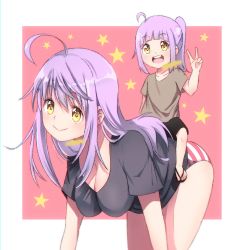 Rule 34 | 2girls, ahoge, ass, breasts, carrying, child, cleavage, happy, highres, looking at viewer, multiple girls, neku397, open mouth, original, panties, piggyback, playing, purple hair, self-upload, siblings, sisters, slippers, smile, striped clothes, striped panties, thighs, twins, underwear, v, yellow eyes