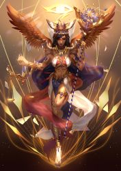 Rule 34 | 1girl, absurdres, armlet, bracer, breasts, brown background, brown eyes, brown hair, brown wings, cape, crown, dark-skinned female, dark skin, dress, egyptian clothes, eye of horus, eyeliner, facial mark, facial tattoo, feathered wings, full body, gem, gradient background, hair tubes, highres, holding, holding staff, jewelry, leg up, lips, lipstick, looking at viewer, makeup, medium breasts, medium hair, midriff, mozer (zerlinda), nail polish, navel, nose, overwatch, overwatch 1, pelvic curtain, pharah (overwatch), ring, sandals, scales, sleeveless, sleeveless dress, solo, staff, standing, tattoo, toenail polish, toenails, underboob, white dress, wings