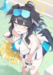 Rule 34 | 1girl, animal ears, azuki yui, bare shoulders, black hair, blue-tinted eyewear, blue archive, bracelet, breasts, bright pupils, character name, cleavage, collarbone, dog ears, dog girl, dog tail, duplicate, eyewear on head, facial mark, gloves, grey eyes, halo, halterneck, hibiki (blue archive), hibiki (cheer squad) (blue archive), highres, jewelry, medium breasts, millennium cheerleader outfit (blue archive), official alternate costume, parted lips, partially fingerless gloves, pom pom (cheerleading), ponytail, running track, safety glasses, skirt, star (symbol), star facial mark, tail, tinted eyewear, white pupils, white skirt