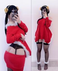 Rule 34 | 1girl, absurdres, ass, black hair, black thighhighs, breasts, butt crack, cellphone, christmas, cosplay, epicinternetgf, female focus, hair ornament, highres, holding, holding phone, looking at viewer, looking back, medium breasts, no panties, phone, photo (medium), real life, selfie, solo, spy x family, thighhighs, yor briar, yor briar (cosplay)
