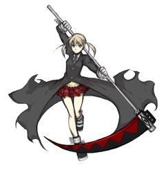 Rule 34 | 00s, 1girl, blonde hair, buttons, coat, holding, holding weapon, huge weapon, jacket, long sleeves, looking at viewer, maka albarn, miniskirt, non-web source, red skirt, scythe, simple background, sketch, skirt, solo, soul eater, twintails, weapon, white background
