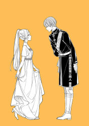 Rule 34 | 1boy, 1girl, dress, eye contact, frieren, gloves, greyscale with colored background, hair between eyes, hand on own chest, himmel (sousou no frieren), lm 0063, long hair, looking at another, orange background, parted bangs, pointy ears, ponytail, short hair, short sleeves, simple background, smile, sousou no frieren, standing