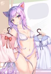 Rule 34 | 1girl, animal ears, blue dress, blue ribbon, blush, bra, breasts, cat ears, cleavage, closed mouth, clothes hanger, collarbone, cowboy shot, dress, fang, groin, head tilt, highres, holding, long hair, looking at viewer, medium breasts, mishuo (misuo69421), navel, neck ribbon, original, panties, purple hair, red eyes, red ribbon, red shirt, ribbon, shirt, short sleeves, solo, speech bubble, standing, stomach, thighs, underwear, very long hair, wavy mouth, white bra, white panties