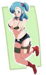 Rule 34 | 1girl, artist request, bikini, bikini top only, blue eyes, blue hair, bulma, camouflage, camouflage bikini, denim, dragon ball, dragon ball (classic), female focus, full body, hair ribbon, head tilt, highres, jeans, knife, long hair, looking at viewer, pants, ponytail, ribbon, shirt, short shorts, shorts, side ponytail, signature, smile, solo, swimsuit, thighs, torn clothes, torn jeans, torn pants