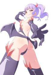 Rule 34 | 10s, 1girl, areola slip, ass, back, bang dream!, bare back, bare shoulders, breasts, closed mouth, elbow gloves, fang, from below, gloves, highres, looking at viewer, looking back, looking down, low wings, medium hair, no bra, partially visible vulva, purple hair, red eyes, sakamata (sakamata4), sideboob, simple background, small breasts, smile, solo, standing, thighhighs, twintails, udagawa ako, white background, wings