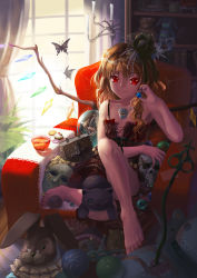 Rule 34 | 1girl, absurdres, barefoot, blonde hair, book, bug, rabbit, butterfly, cat, crown, feet, female focus, flandre scarlet, highres, bug, mask, red eyes, saber 01, short hair, sitting, slit pupils, solo, stuffed animal, stuffed toy, touhou, wings