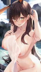 Rule 34 | 1girl, absurdres, animal ears, arm up, armpits, azur lane, blush, braid, breasts, brown hair, chikuma (azur lane), collarbone, commentary request, completely nude, covering privates, day, dripping, extra ears, hair between eyes, hand in own hair, hand on own chest, highres, holding, holding towel, large breasts, legs together, long hair, looking at viewer, mole, mole under mouth, navel, nipples, nude, nude cover, onsen, open mouth, outdoors, rabbit ears, signature, sitting, solo, towel, u ronnta, very long hair, water, wet, wet hair, yellow eyes