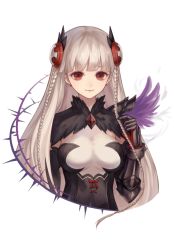 Rule 34 | 1girl, black wings, bow, braid, dark valkyrie (p&amp;d), earrings, gauntlets, hair ornament, jewelry, light smile, long hair, looking at viewer, puzzle &amp; dragons, red eyes, simple background, solo, thorns, twin braids, valkyrie (p&amp;d), very long hair, white background, white hair, wings, zek (zecola)