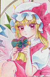 Rule 34 | 1girl, absurdres, blonde hair, candy, chocolate, chocolate heart, crystal wings, flandre scarlet, food, hand up, hat, hat ribbon, heart, highres, medium hair, mob cap, painting (medium), red eyes, red ribbon, ribbon, side ponytail, solo, tottokototoko24, touhou, traditional media, upper body, valentine, watercolor (medium)