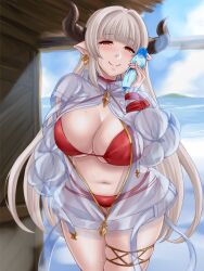 Rule 34 | 1girl, alicia (granblue fantasy), aliza (summer) (granblue fantasy), aliza (summer) (granblue fantasy) (cosplay), beach, bikini, blonde hair, blunt bangs, bottle, bottle to cheek, breasts, cleavage, closed mouth, cosplay, curled horns, draph, earrings, granblue fantasy, hair intakes, half-closed eyes, holding, holding bottle, horns, jacket, jewelry, large breasts, long hair, long sleeves, looking at viewer, mature female, navel, ocean, outdoors, partially unzipped, pointy ears, ramune, red bikini, red eyes, see-through, see-through jacket, shortstack, smile, solo, suzuki sakura, sweat, swimsuit, thighlet